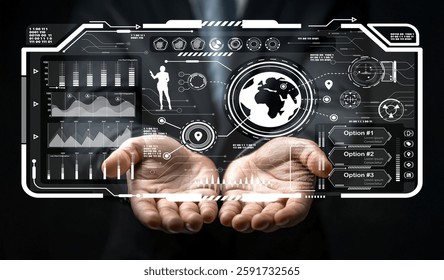 Hands showcase a vibrant digital projection of global data visualization featuring charts and graphs, emphasizing technology, innovation, and data analysis.