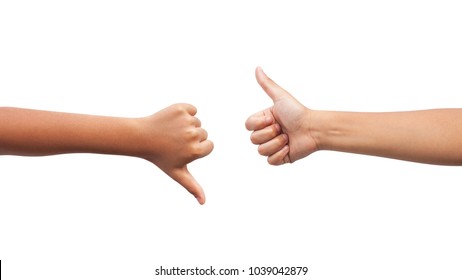 Hands showing different gesture thumb up and thumb down isolated on white background. Clipping path included_