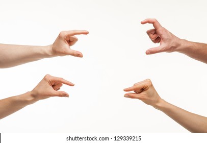 Hands Showing Different Sizes - From Small To Big, White Background