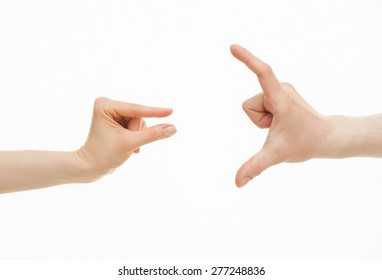 Hands Showing Different Sizes - From Small To Big, White Background