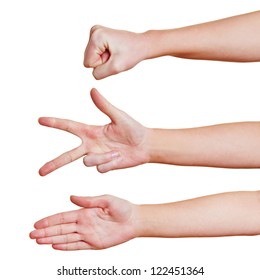 Hands showing the symbols rock paper scissors for hand game