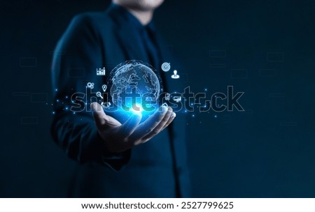 Hands showing the world of digital marketing, business concept, technology, international market, global internet connection, big data, business technology, finance, internet banking.