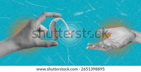 Hands are shown exchanging a small hearing device against a bright blue background. The image highlights advanced technology aiding communication for those with hearing difficulties.