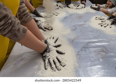 Hands Sifting Flour During Interactive Baking Workshop and Homemade Bread Making Class