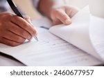 Hands, signature and writing on contract for deal at record company for music license in office. Person, legal paperwork or document for production budget, artist or sign for distribution of album