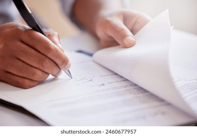 Hands, signature and writing on contract for deal at record company for music license in office. Person, legal paperwork or document for production budget, artist or sign for distribution of album