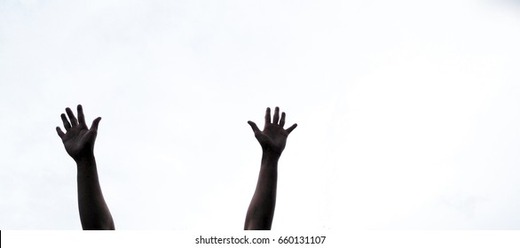 Hands up in the sky white background