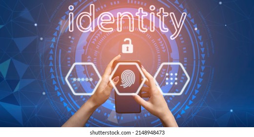 Hands with a smartphone and a schematic image of user identification methods against, and inscription Identity. Identification, preservation of personal data, digital security concept. - Shutterstock ID 2148948473