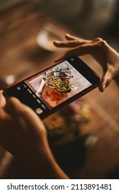 Hands Snapping, Holding Healthy Food With Mobile Phone Hand Taking Photo Of Healthy Food With Smartphone. Woman Using Smartphone Make Digital Picture On Screen Of Diet