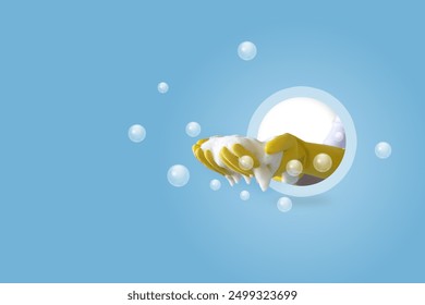 Hands with soapy foam emphasize the emphasis on cleanliness, hygiene and airiness.
