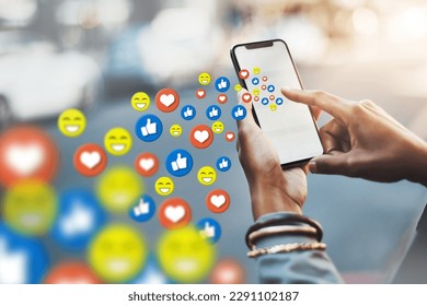 Hands, social media icon or girl with phone for communication, texting or online dating chat. City, overlay or woman typing on mobile app screen or digital network with like or heart emoji closeup - Powered by Shutterstock