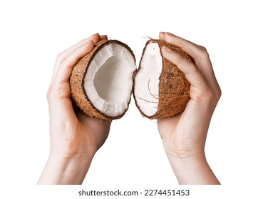 Hands with split coconut, two halves of coco nut in brown shell isolated on white background.