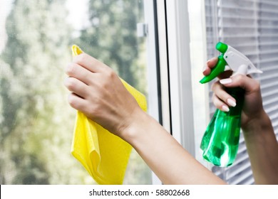 Hands Spray Clean The Window