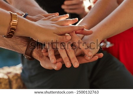 Hands, stack and group of people together for celebration, agreement and solidarity with friends pact. Circle, reunion and huddle as bonding, collaboration or social for support, trust or cooperation