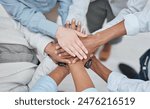 Hands stack, group teamwork and business people celebrate corporate society goals, synergy or agency meeting. Top view, collaboration and closeup team building support, mission motivation or trust