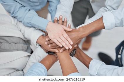 Hands stack, group teamwork and business people celebrate corporate society goals, synergy or agency meeting. Top view, collaboration and closeup team building support, mission motivation or trust