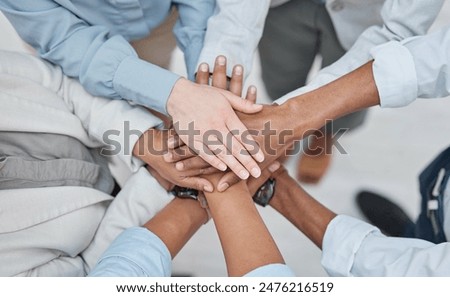 Hands stack, group teamwork and business people celebrate corporate society goals, synergy or agency meeting. Top view, collaboration and closeup team building support, mission motivation or trust