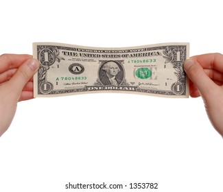 Hands Stretching $1 Bill on White Background