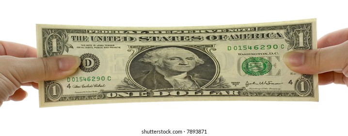 Hands stretching a US dollar note isolated on white background
