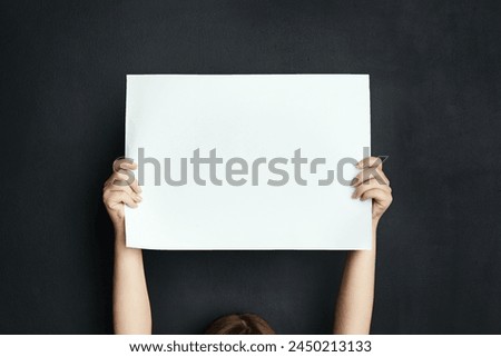 Hands, studio and blank poster with mockup for stop Palestine conflict, human rights support or global violence. Banner, dark background or person with placard for justice, solidarity or oppression