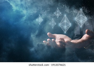 Hands Support Ethereum Against The Background Of The Network And Space.