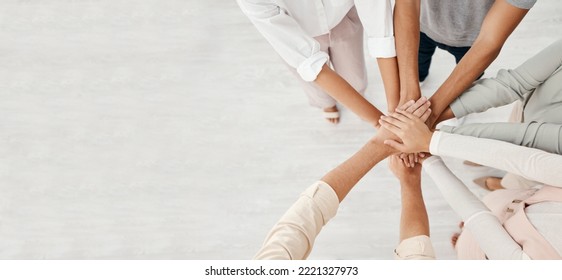 Hands, support and solidarity in team with community in workplace, professional partnership and collaboration mockup. Team building overhead, business people and diversity, company mission together. - Shutterstock ID 2221327973