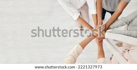 Hands, support and solidarity in team with community in workplace, professional partnership and collaboration mockup. Team building overhead, business people and diversity, company mission together.