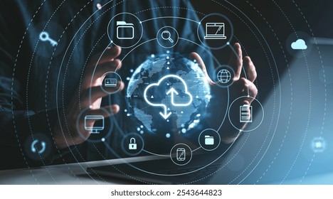 Hands surround a digital globe with cloud storage icons, on a dark background. Represents online data storage and security