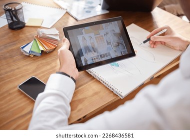 Hands, tablet and drawing in fashion design, planning or rough draft for clothing line at office. Hand of designer with pen and touchscreen in writing or sketching on paper for clothes, art or idea - Powered by Shutterstock