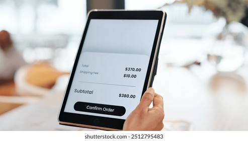 Hands, tablet and online shopping with price, screen and confirm order in home with deal, sale or payment. Person, digital touchscreen and e commerce on ux, customer experience and discount in house - Powered by Shutterstock