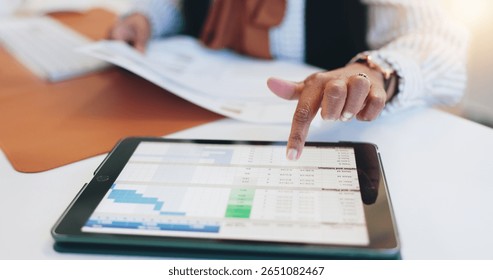 Hands, tablet and screen with spreadsheet, office and human resources management at corporate agency. Person, touchscreen UX and click for statistics review, chart and paperwork for admin at company - Powered by Shutterstock - Get 15% off with code: PIKWIZARD15
