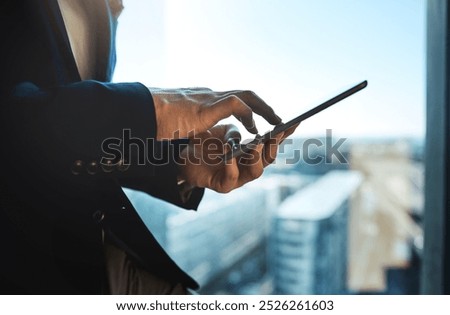 Hands, tablet and scroll in working as realtor in property management, development or town planning. Person, technology and real estate agent in company for networking, consulting and office building