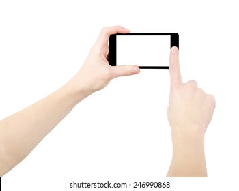 Hands Taking Photo On Black Smartphone, Empty Screen, Isolated On White, Clipping Path