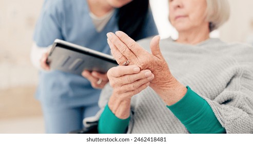 Hands, talking and a woman with a doctor for a consultation, arthritis problem or joint pain. Healthcare, home care and a senior patient speaking to a nurse about a finger accident with notes - Powered by Shutterstock