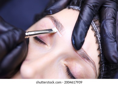 The Hands Of The Tattoo Artist Close Up Emphasize The Contour Of The Eyebrows With A Brush