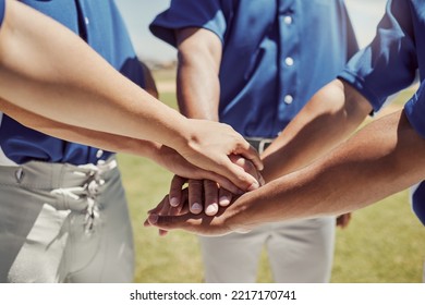 Hands, Team And Baseball In Support, Trust And Coordination For Unity In Sports On A Field In The Outdoors. Hand Of People In Teamwork Piling Together In Motivation, Collaboration Or Plan To Win Game