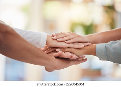 Hands, Teamwork And Support With A Business Group Together In A Huddle Or Circle In Solidarity Outdoor. Meeting, Partnership And Motivation With An Employee Group Standing Or Working In Collaboration