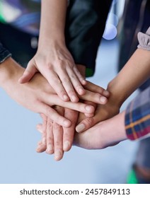 Hands, teamwork and support for collaboration of group, agreement and unity for mission of company. Friends, solidarity and synergy for partnership, community and workforce of people and creative