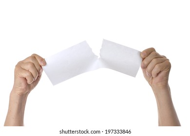 Hands Tearing Paper Sheet, Closeup On White Background