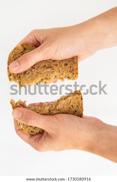 Hands tearing\
slice of cereal bread on two pieces. Delicious rye loaf and pastry\
for sandwich isolated on white background. Studio shot. Top view.\
Homemade bakery and nutrition\
concept