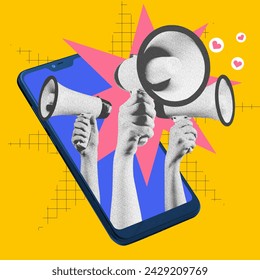 Hands with three megaphones stacking out phone screen symbolizing importance and relevance of usage social media for bran promotion. Contemporary art. Concept of digital marketing, online services - Powered by Shutterstock