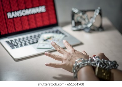 Hands tied up by chains and lock, Hard disk file locked with monitor show ransomware cyber attack internet security breaches on laptop computer