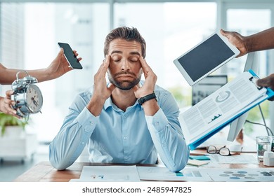 Hands, tired and man in office, schedule and burnout of accountant, stress and paperwork. Planning, corporate and working for agency, exhausted and investment with finance for project for audit