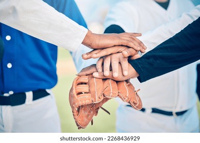 Hands together, baseball team and sport community support of softball group outdoor. Collaboration, teamwork and solidarity of sports people motivation on field for fitness, exercise and workout - Powered by Shutterstock