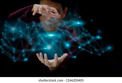 Hands touch the line network in data connectivity. Science. Big data. Internet technology. Business. Communications and social networks Global internet connection concepts. Metaverse