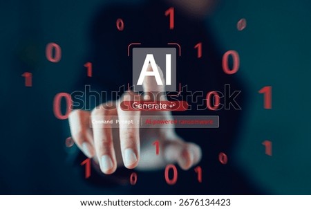 Hands touching AI interface with generate button showing AI-powered ransomware text surrounded by binary code numbers. Cybersecurity threat awareness and malware protection education concept.