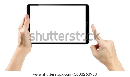 Hands touching black tablet screen, isolated on white background
