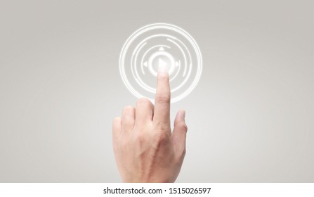 Hands touching button screen interface global connection customer networking data exchanges