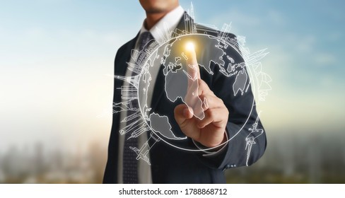 Hands touching button screen interface global connection customer networking data exchanges