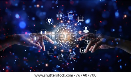Hands touching global connection and icon customer networking data exchanges on glitter bright lights colorful background